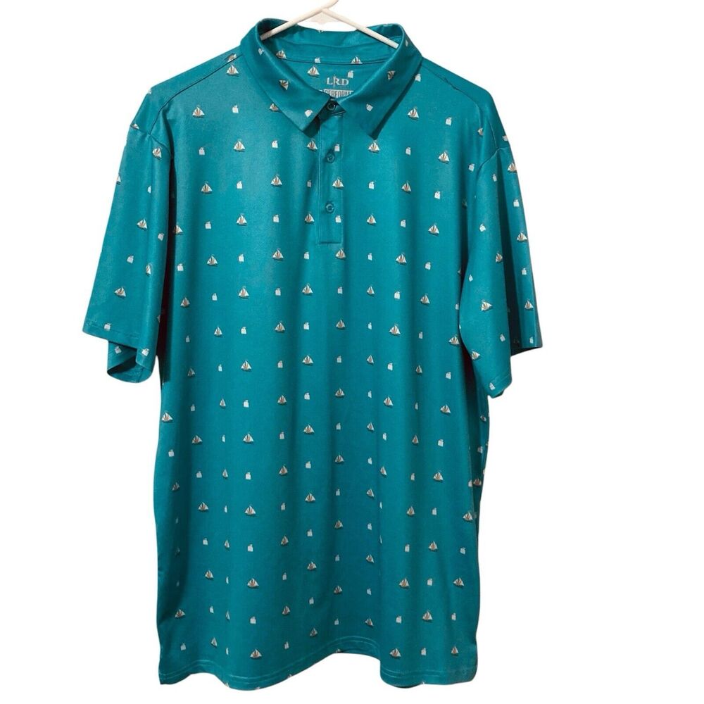 LRD Performance Mens Large Golf Polo Teal Sail Boat Print Collared Side Slits